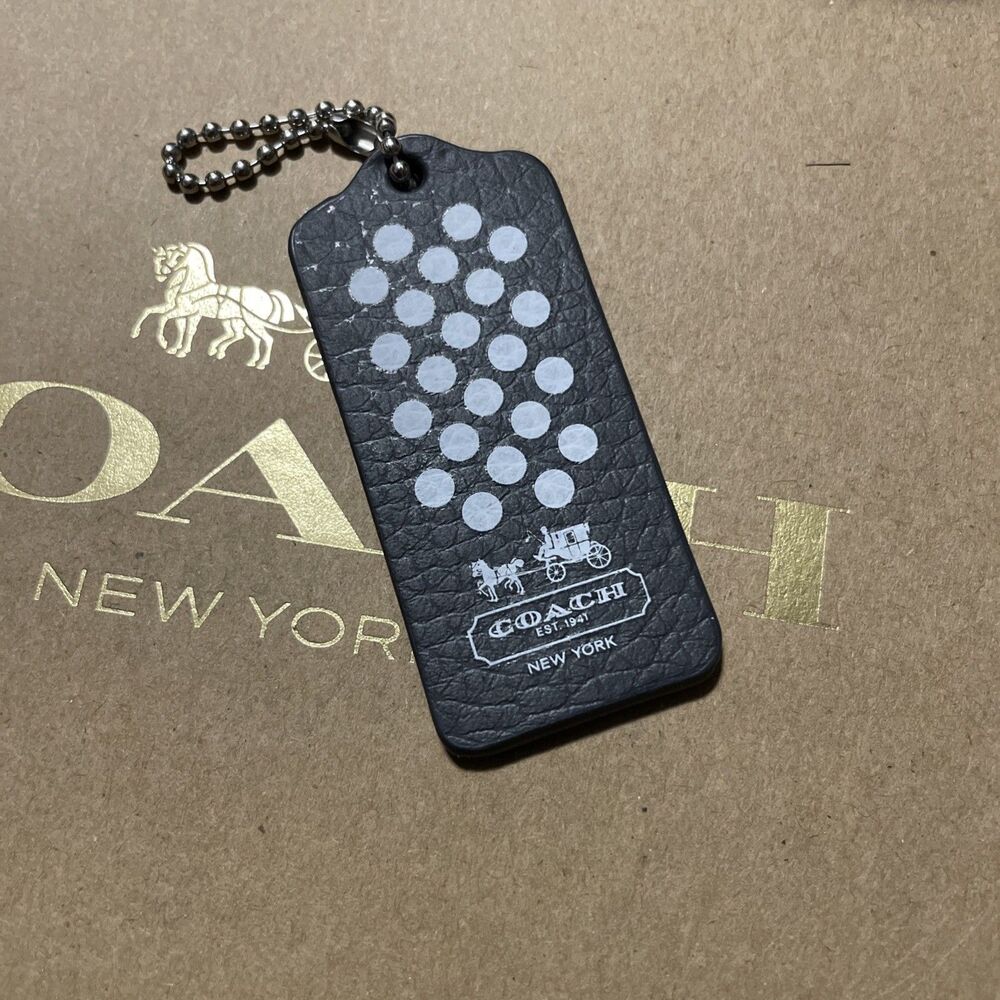 RARE COACH MAGNET Black White Polka Dot Leather Fob Bag Charm Keychain Hang Tag